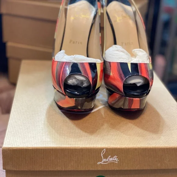 Christian Louboutin Black and Pink Striped Heels - Picture 3 of 7